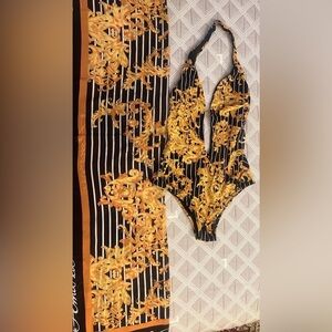 Made in Italy Amarea Black and Gold Patterned Swimwear one piece and coverup